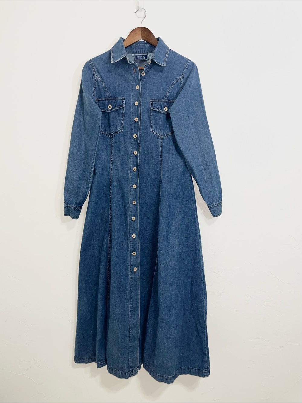 Vintage 90s Bill Blass 100% Cotton Denim Jean Maxi Shirt Dress Prairie Western